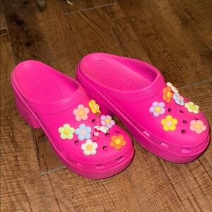 Crocs Pink Clogs with Floral Accents